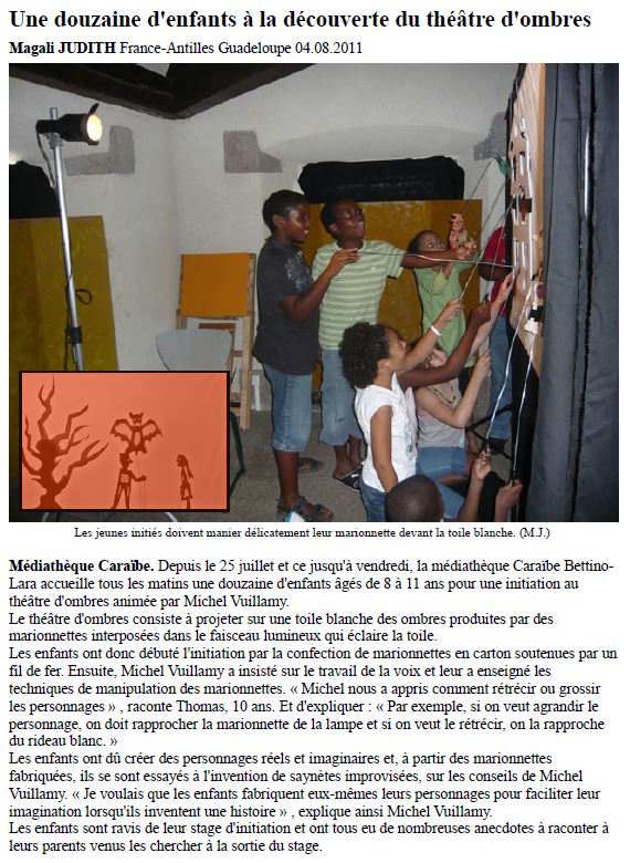 Presse marionnettes Atelier théâtre d'ombre à la médiathèque Lameca
