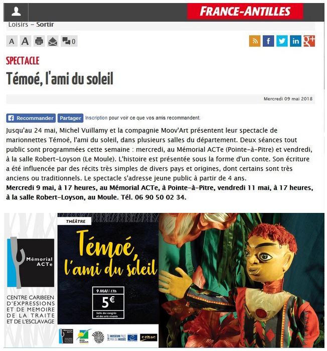 Presse marionnettes Témoé l'ami du soleil (France Antilles)